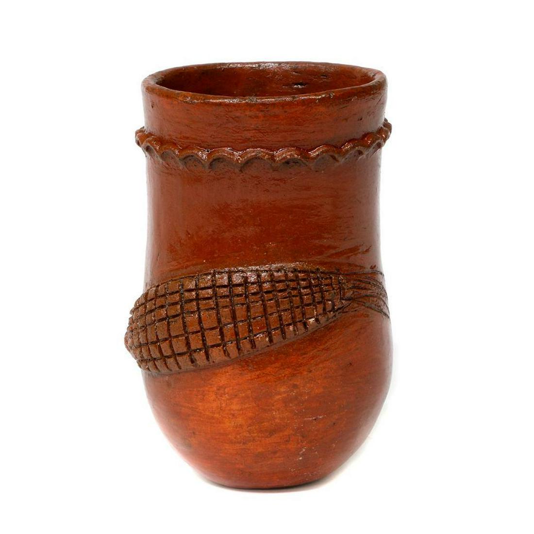 Navajo Pinch vase: Navajo vase, Pinch vase w/corn (6 3/4" tall x 4"wide) by Myra Tso; McGee's Indian Art; Keams Canyon, Arizona.