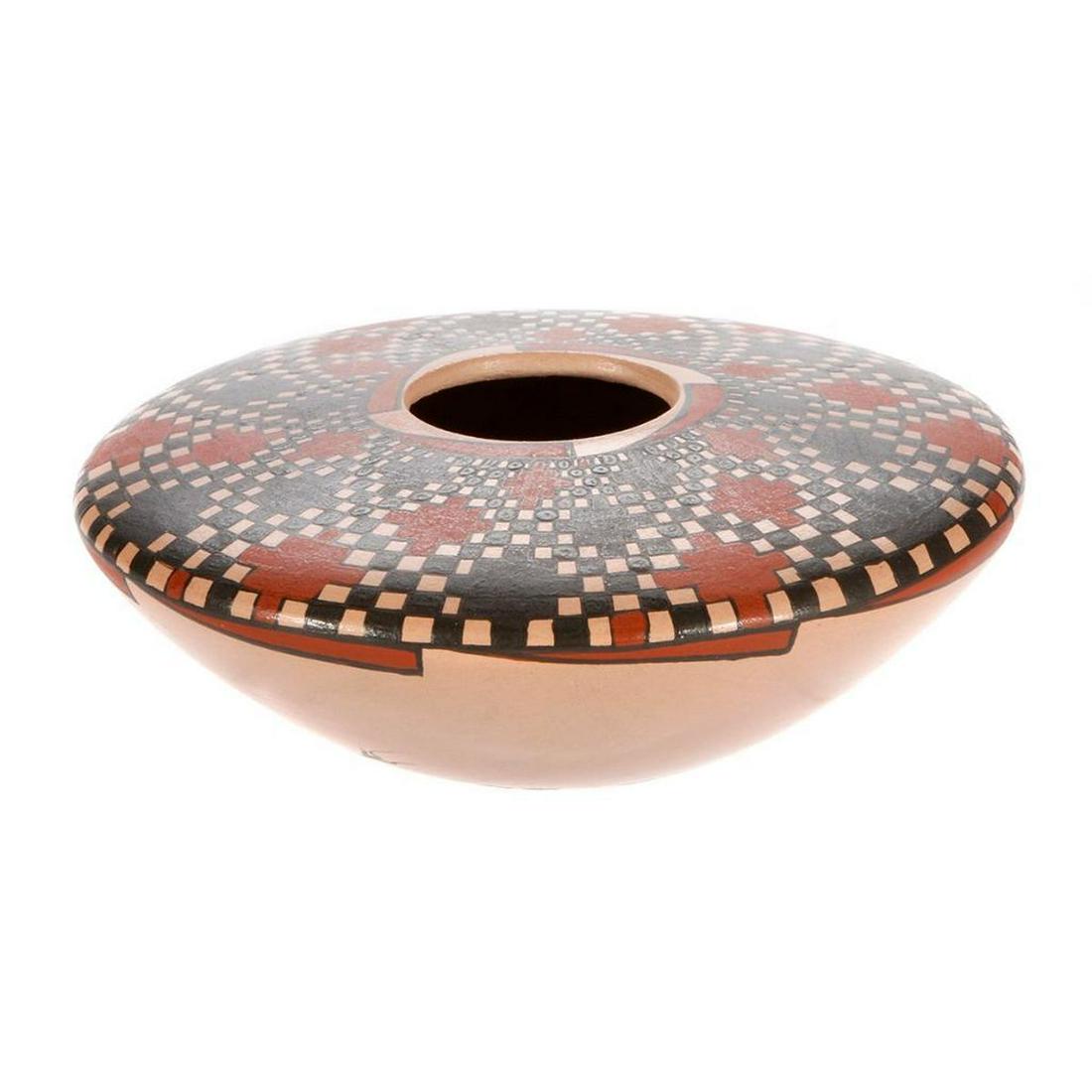 Mata Ortiz Mexican jar: Mata Ortiz (Mexican jar) (1"tall x 3 3/4" wide) by Julio Mora; McGee's Indian Art; Keams Canyon, Arizona.
