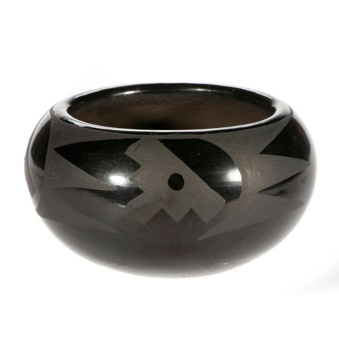 San Ildefonso bowl: San Ildefonso (probably) bowl (2 3/8" x 4 1/4") Traditional black on black w/designs, older (vintage) bowl