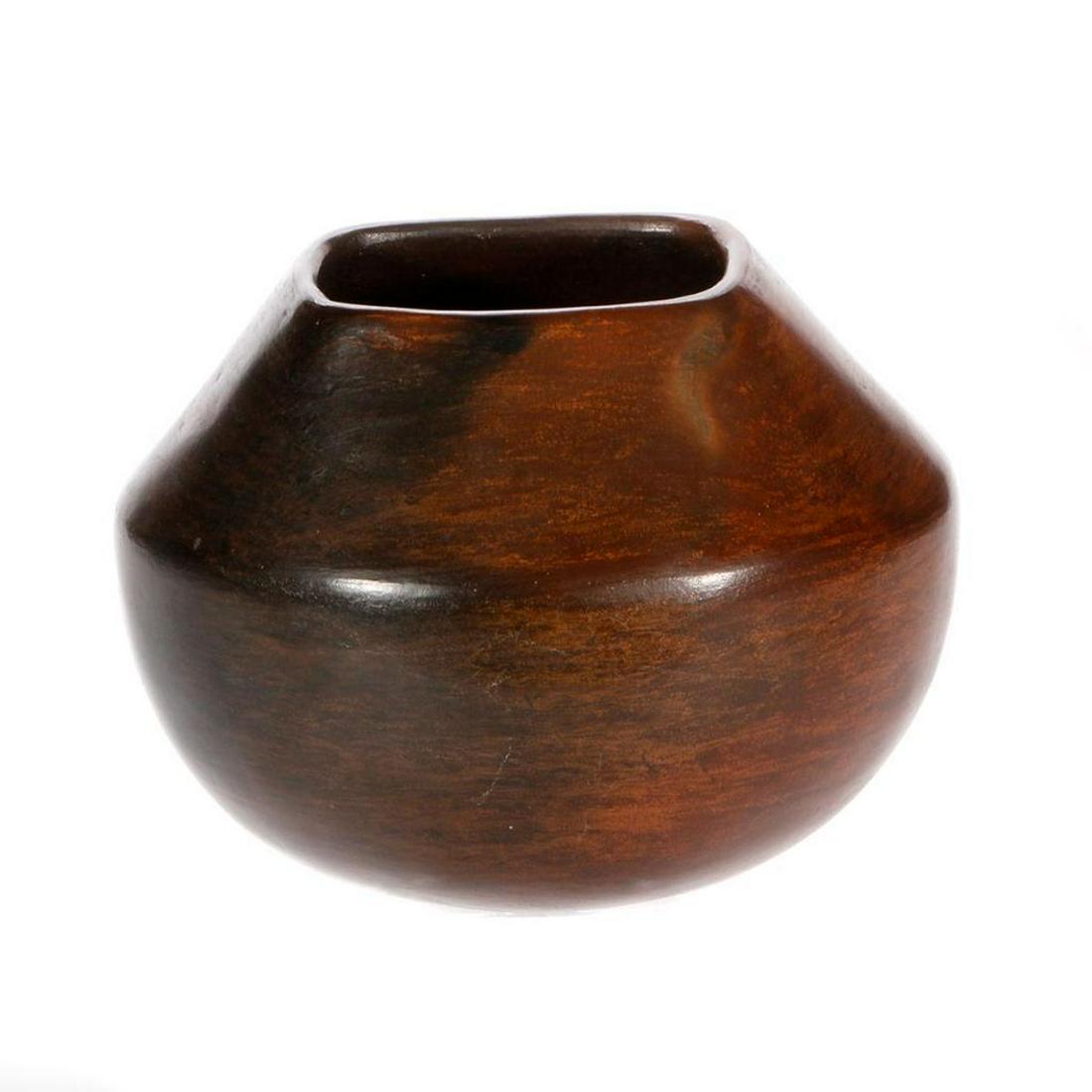 Navajo bowl: Navajo, bowl (6" x 8") by Alice Williams Cling undecorated , dark brown bowl with square opening at the top