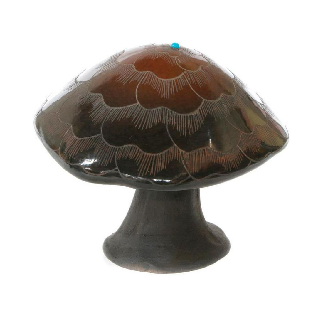 Santa Clara clay mushroom: Santa Clara clay mushroom, polished & etched w/small turquoise (3" tall x 3 1/4" wide) by Julie Gutierrez