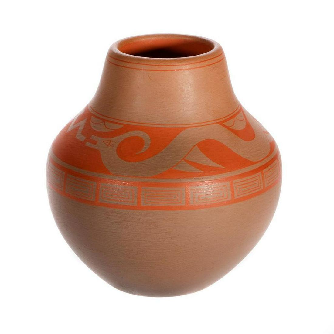 Nambe pot: Nambe (7" x 8") pot, brown w/ painted orange avanu design; by Lonnie Vigil, bought at Babbitt Trading Post on San Ildefonso reservation
