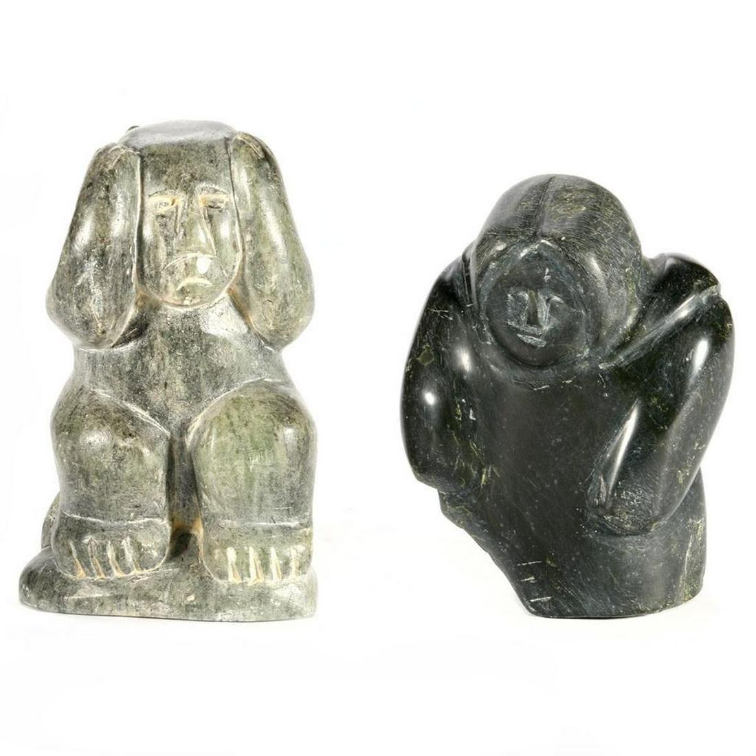 Two Inuit Stone Sculptures: Both by unidentified artists, "Bear Shaman Transformation" and "Woman" Height: 6 3/4 and 6in