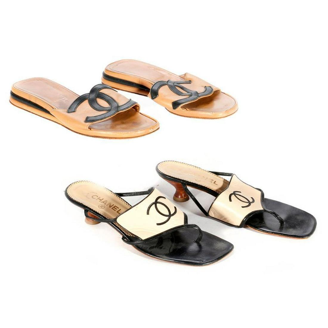 Chanel Shoes: Chanel slides with kitten heel. Good condition. Tan/brown Chanel flats with black Chanel logo. Wear on soles. Size: 40 (Euro) Items are sold as is. Please inquire about condition if not otherwise s
