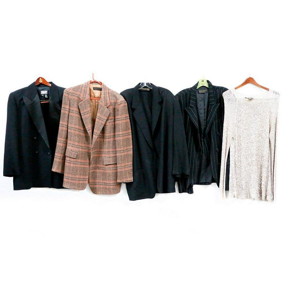 Vintage Donna Karan Clothing: Including: black wool blazer, size 12 cotton blend sweater dress, size L; Essentials black pin stripe blazer, size 14; black silk blazer, size 14; brown & black light wool jacket Items are sold as is.