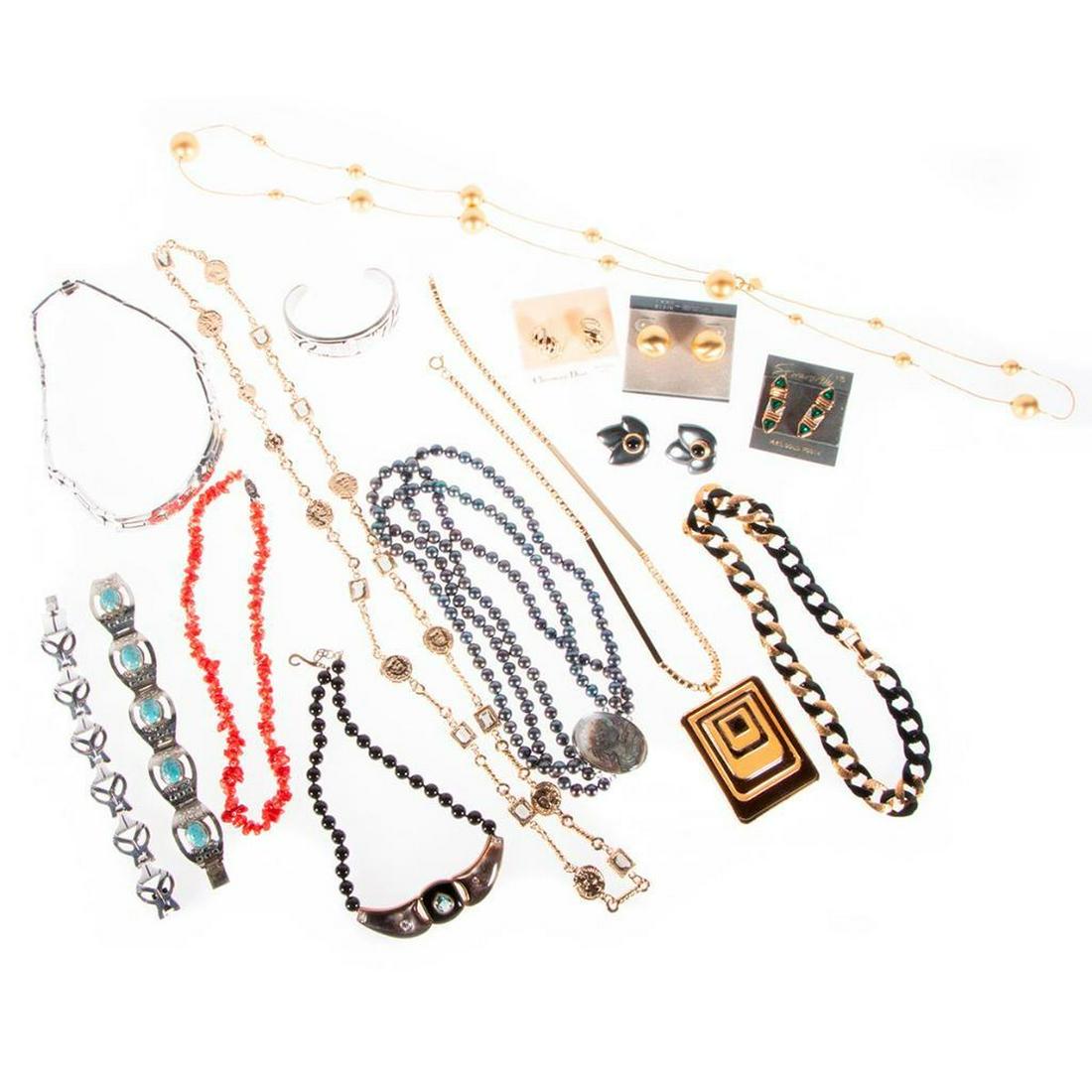 Collection of silver and costume jewelry: including Christian Dior, Swarovski, Anne Klein, Taxco Mexico; including coral, freshwater cultured pearl, mother-of-pearl, onyx; comprising 8 necklaces, 3 bracelets and 4 pairs of earrings Items are