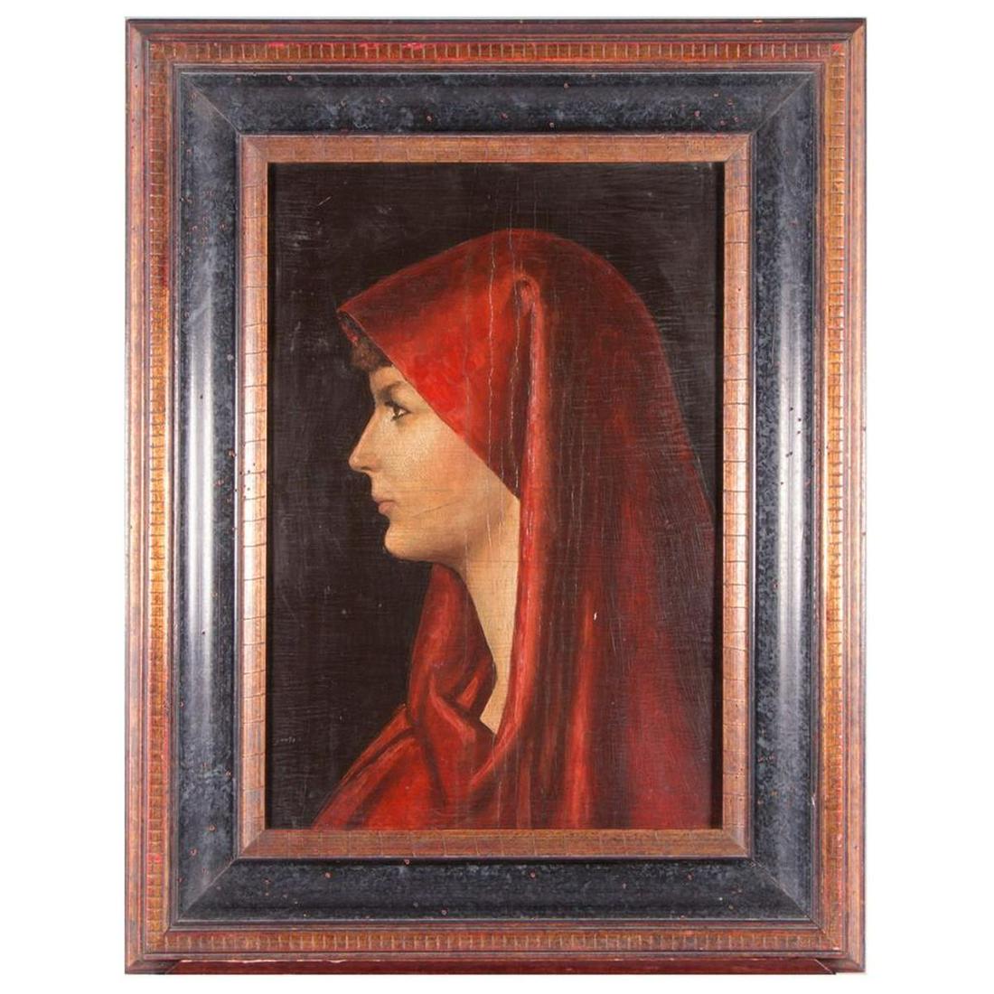JEAN JACQUES HENNER (AFTER): A PORTRAIT, OIL ON WOOD PANEL, AFTER JEAN JACQUES HENNER. A oil on wood panel, bust view portrait of Saint Fabiola. GUMPS Lable on reverse.