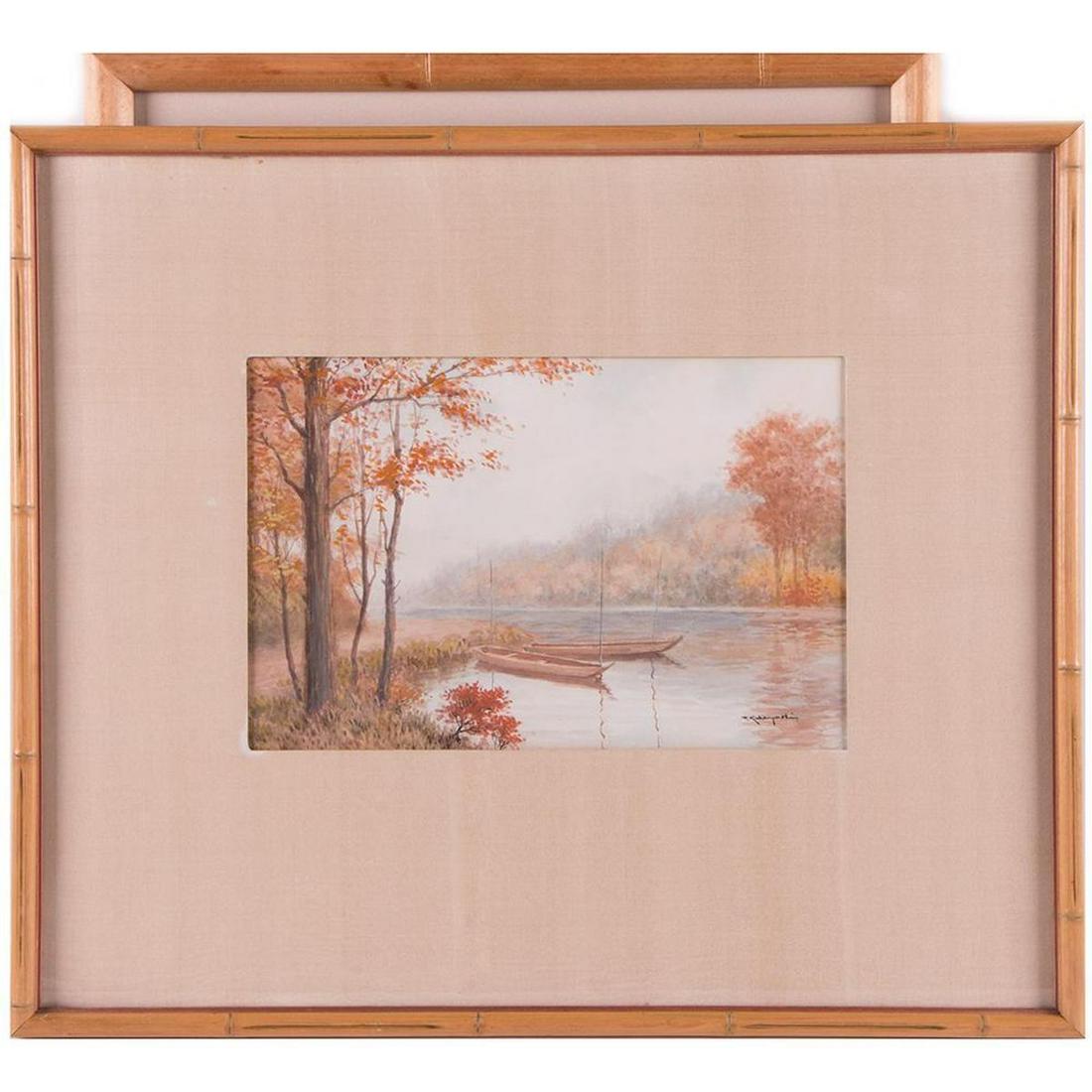 Two Japanese watercolors by Takeda and Ishida.: Takeda and Ishida watercolors. Fall scene-Artwork: 8 x 12 inches. Frame: 18 x 21 inches. Two men in boats-Artwork: 10 3/4 x 9 1/2 inches. Frame: 19 1/2 x 17 inches.