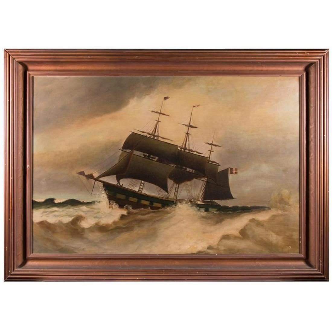 Seascape of a ship in a storm.: Artist: Unsigned. Description: Sailing ship in a storm at sea. Size artwork: 28 1/4 inches high x 42 inches wide. Size frame: 36 inches high x 50 wide. Date: 19th century. Condition: Good. Medium: Oi