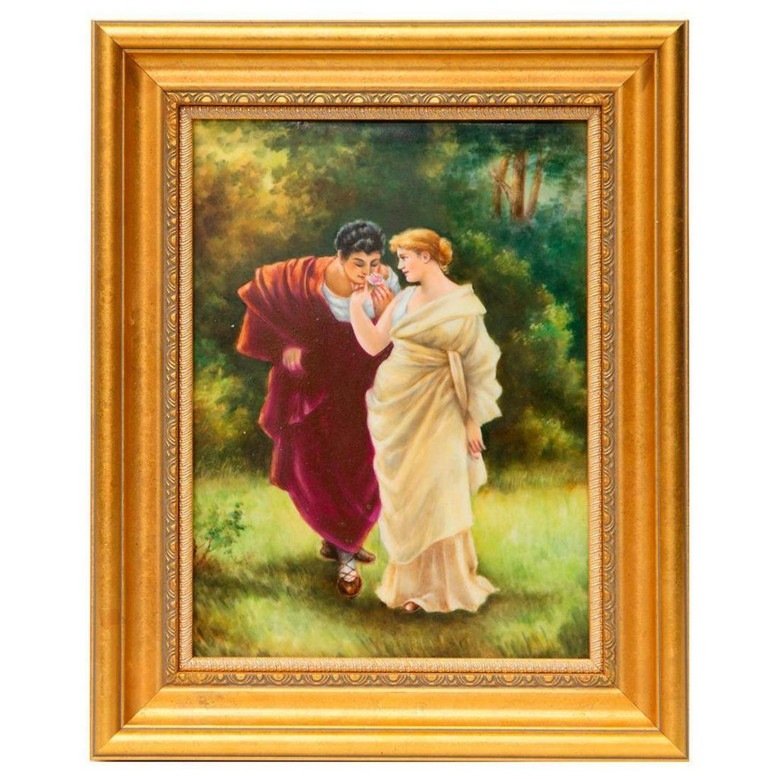 Porcelain Painted Portrait Plaque: Rectangular porcelain plaque of a romantic couple in a gold frame Plaque-H-10" W-7.5" Overall-H-13", W-10.25" Condition: Very Good, not viewed out of it's frame.