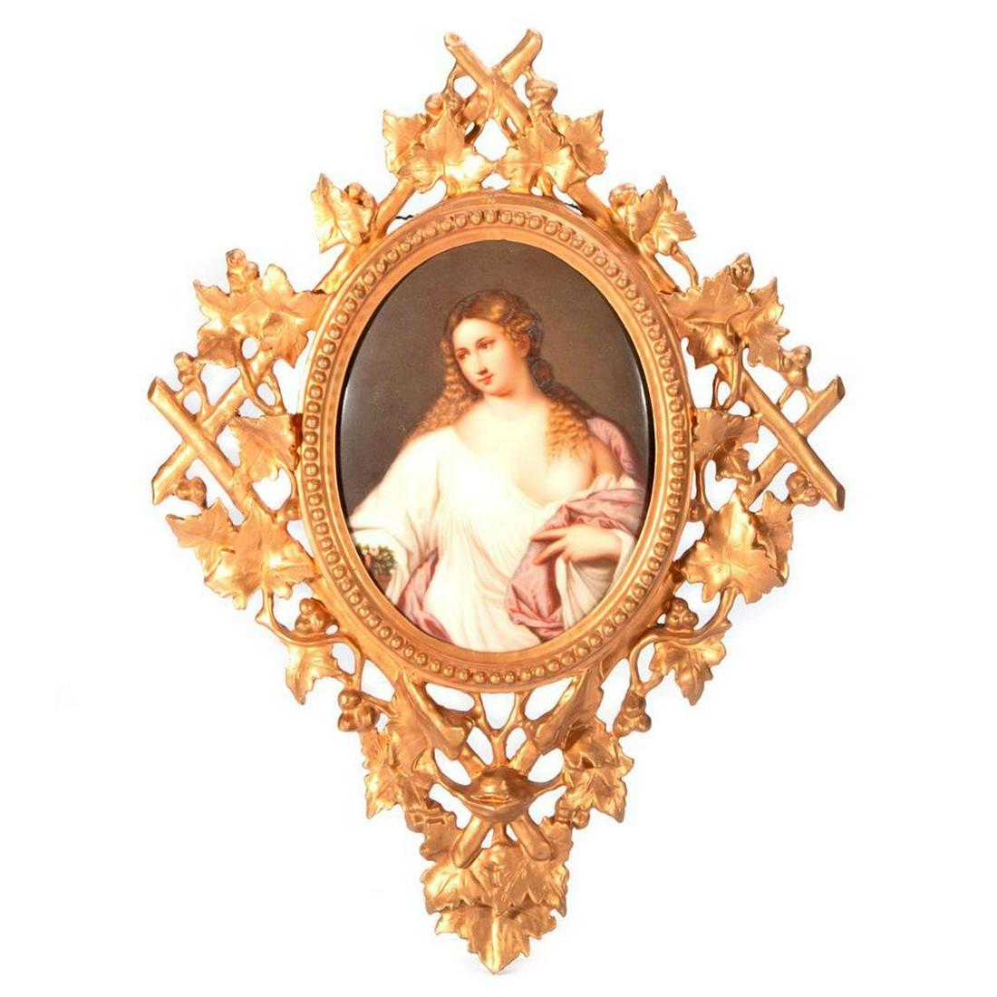 KPM Porcelain Painted Portrait Plaque in Wooden Frame.: KPM Plaque of a Young Maiden mounted in Italian carved wooden frame. Plaque-H-9.25", W-7" Overall-19", W-14" Condition: Very Good, Not viewed outside of its frame.