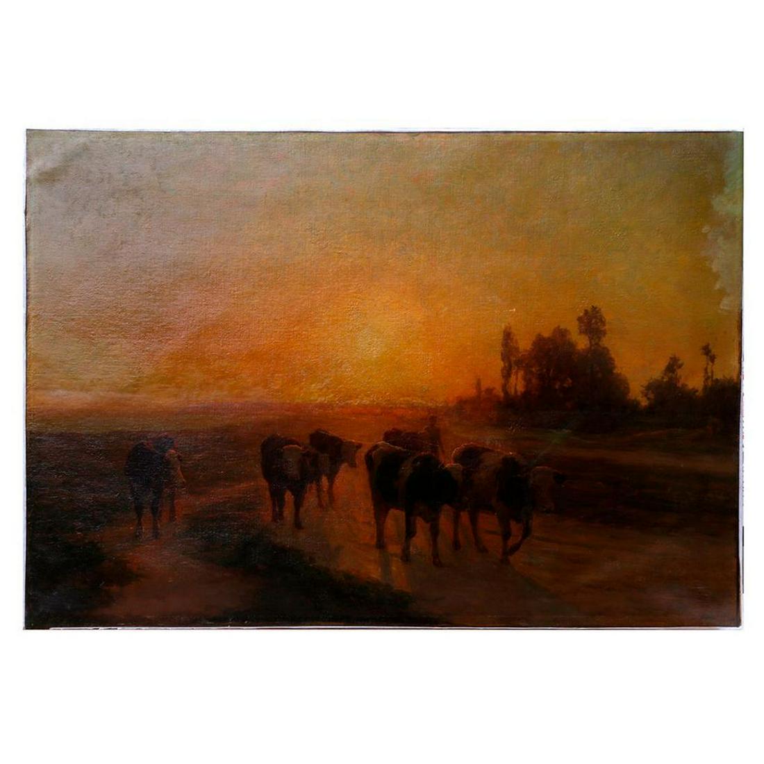 Felix Planquette (1873 - 1964).: Artist: Felix Planquette (1873 - 1964). Subject/Title: Herding cattle at sunset. Date Created: Early to mid 20th century. Medium: Oil on canvas. Size image: 32 inches high x 45. Size Frame: Unframed. 