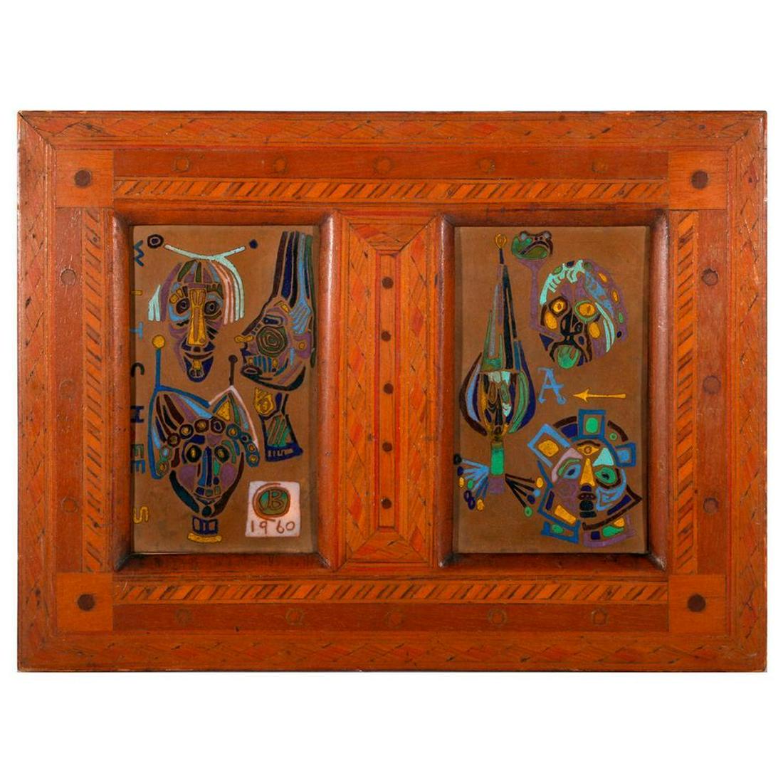 Two abstract works.: Artist: Jean Buckley (born 1925), and signature illegible. Subject/Title: "Witches" and abstraction. Date Created: 1960 and circa 1960. Medium: Enamel on copper and oil on board. Size Image: 5 inche
