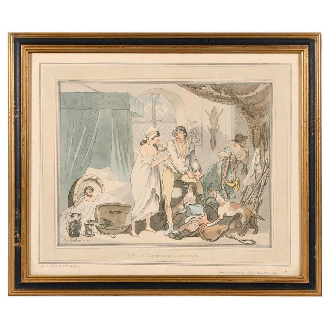 Thomas Rowlandson (1756 - 1827).: Artist: Thomas Rowlandson (1756 - 1827). Subject/Title: Four O'clock in the Country. Date Created: 1788. Medium: Hand-colored print. Size Image: 13 inches high x 16. Size Frame: 15 1/2 inches high x 1