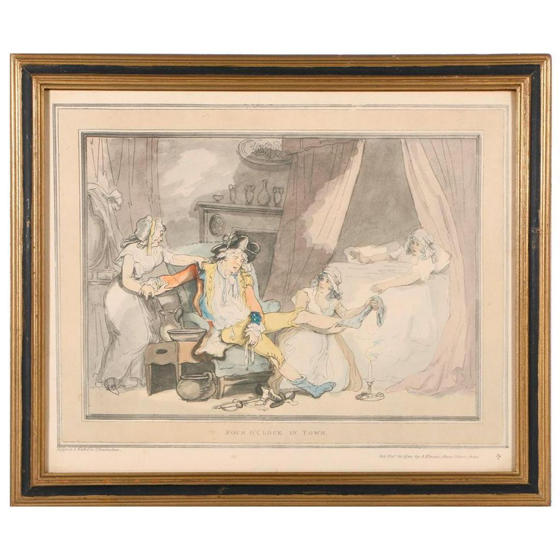 Thomas Rowlandson (1756 - 1827).: Artist: Thomas Rowlandson (1756 - 1827). Subject/Title: Four O'Clock in Town. Date Created: 1788. Medium: Hand-colored print. Size Image: 13 inches high x 16. Size Frame: 15 1/2 inches high x 18 1/2.
