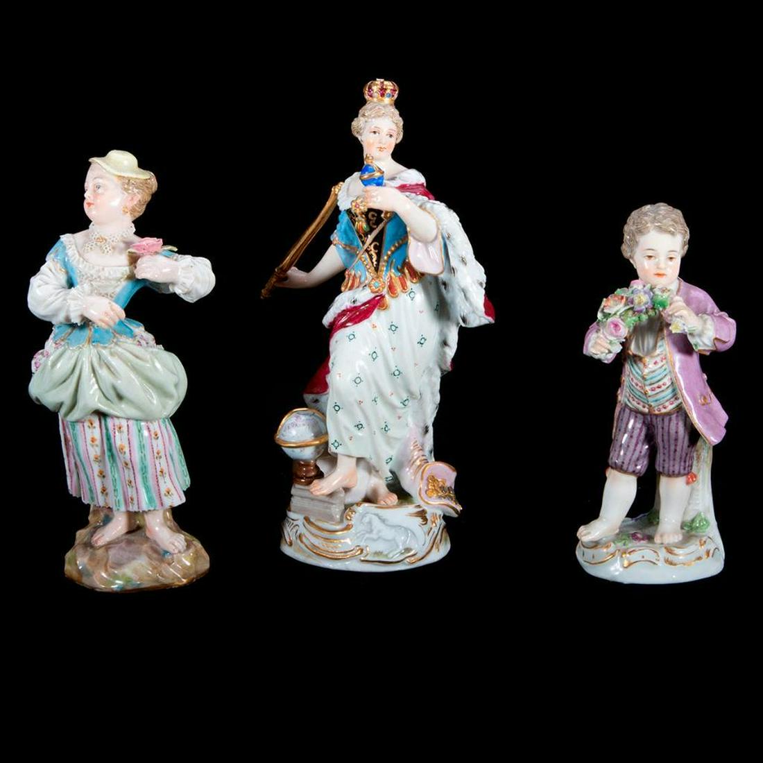 Three Meissen Figures: Three Meissen Figures. Boy with bough of flowers, woman with flowers and a european queen. Tallest-5.75" Condition: Near Perfect