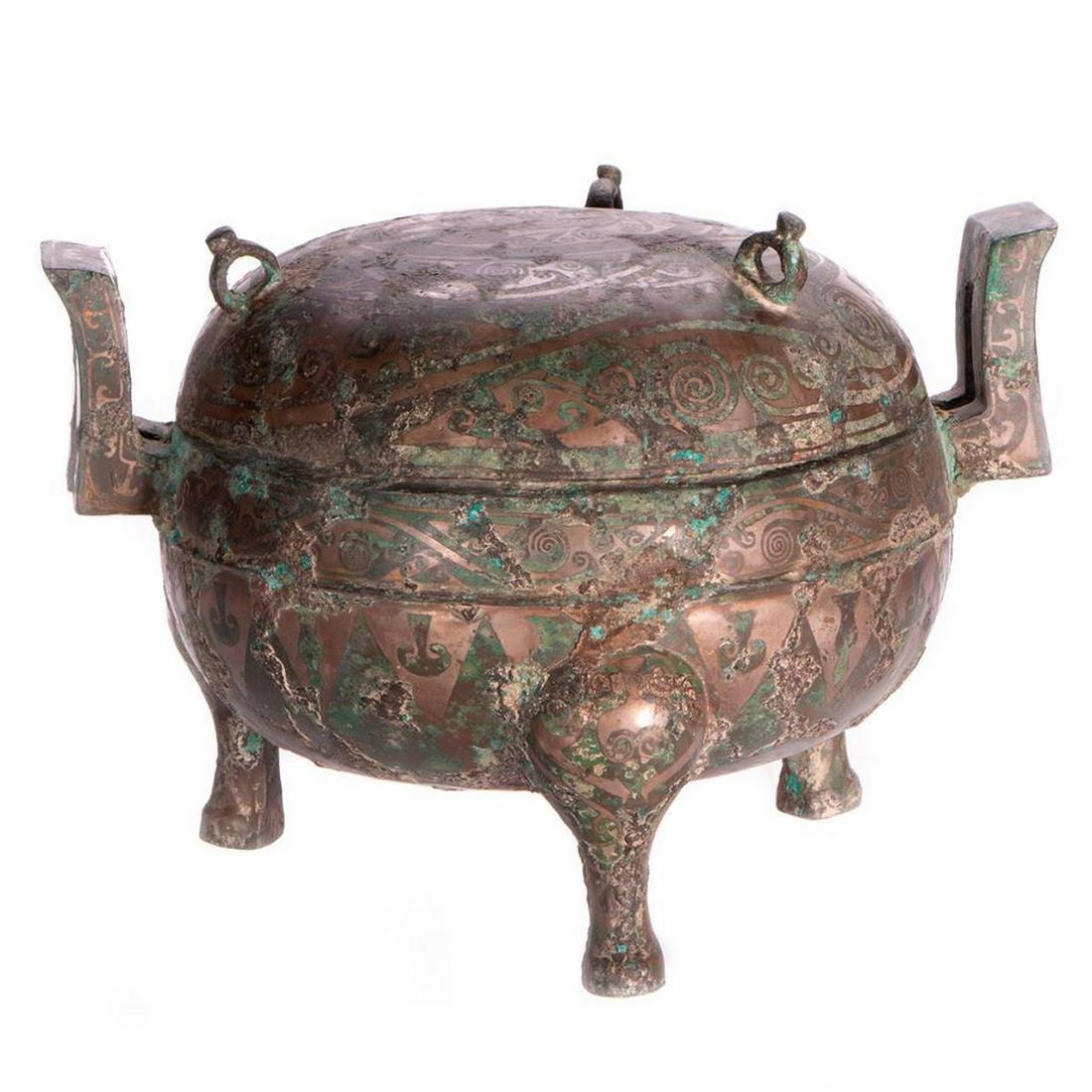 Chinese bronze censer.: A Chinese Han Dynasty style bronze censer measuring 7 3/4 inches high x 12 x 9.