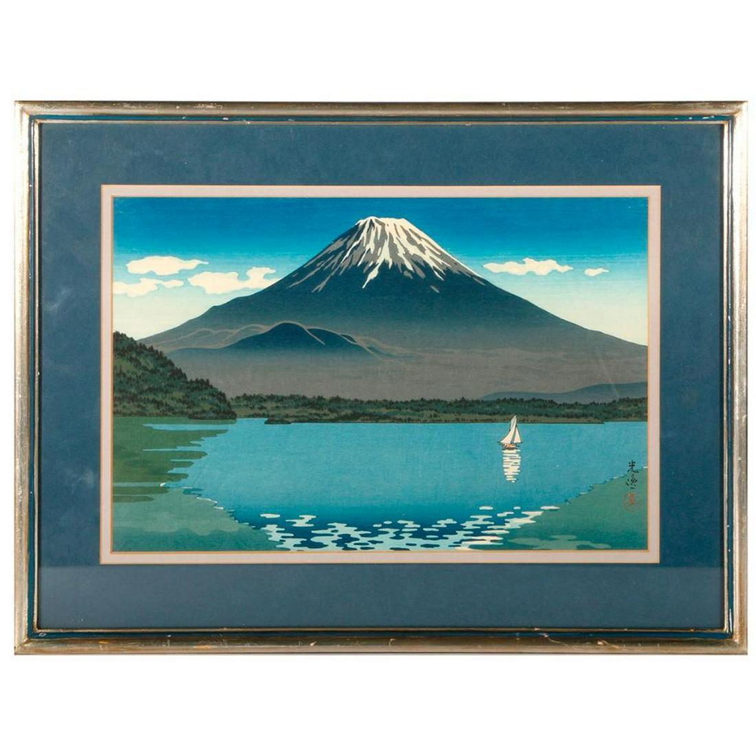 Tsuchiya Koitsu (1870 - 1949) Japanese woodblock print: Artist: Tsuchiya Koitsu (1870 - 1949). Subject/Title: Lake Shoji in Summer. Date Created: 20th century. Medium: Woodblock print. Size Image: 9 1/4 inches high x 14. Size Frame: 14 1/2 inches high x 