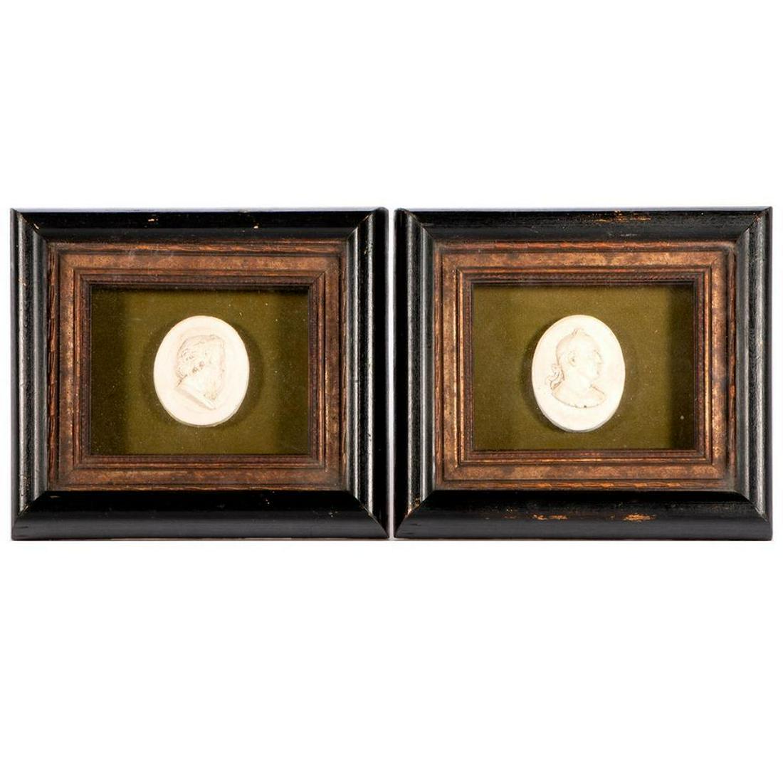 Two medallions of Roman emperors.: Two framed 19th century plaster medallions of Roman emperors measuring 6 inches high x 7 wide x 2 deep.