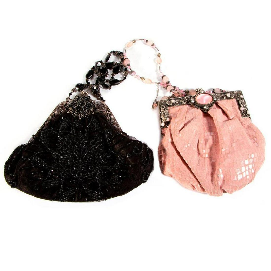 Two Todd Anthony evening bags: black beaded and pink leather; Todd Anthony New York plate inside both; 16 and 13in lengths; with one dust bag