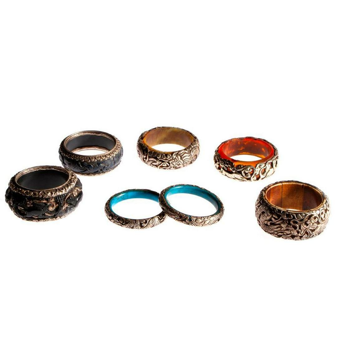 Seven silver repousse & resin ethnic bangle bracelets (1 of 8)