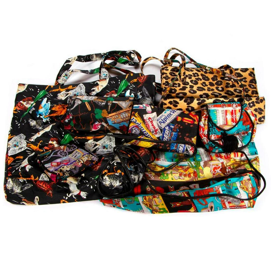 Seven Nicole Miller Bags: in silk, leather and nylon, including 2 totes, 3 evening bags and 1 handbag; measuring from 6 x 7in. to 20 x 18in.