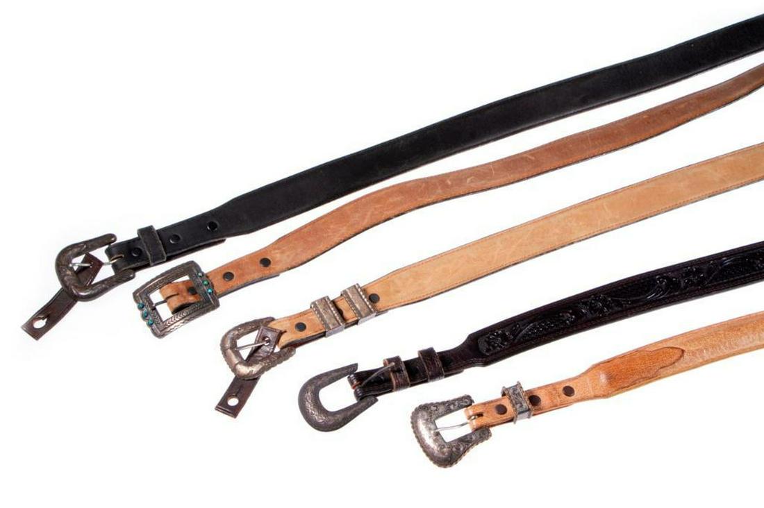 Western silver and leather belts: 5 belts, buckles including Diablo and Sunset Trails, and straps by M&F and Tony Lamas