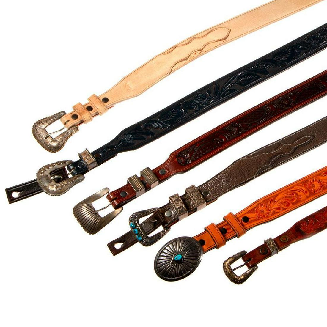 Western silver and leather belts: 6 belts, by Sunset Trails with one with 10k gold by M&F