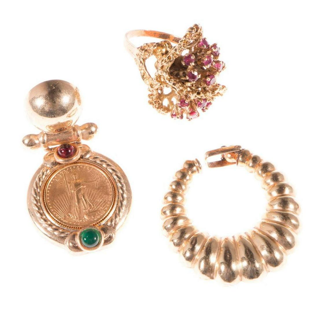 Ruby, diamond and 14k gold ring with 2 single earrings (1 of 7)