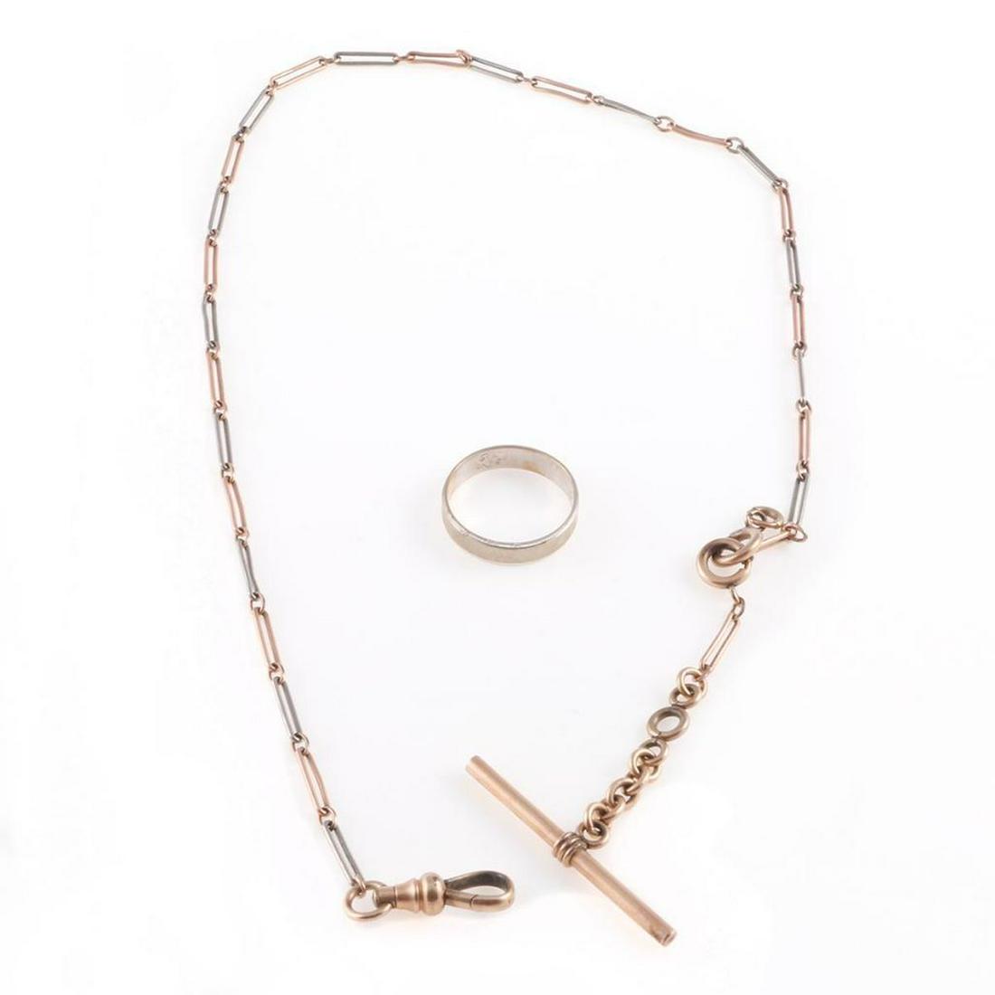 10k pink & white gold watch fob chain: with yellow gold-filled elements; together with an 18k gold wedding band; approximate gold weight: 5 grams; length: 14 1/2in.