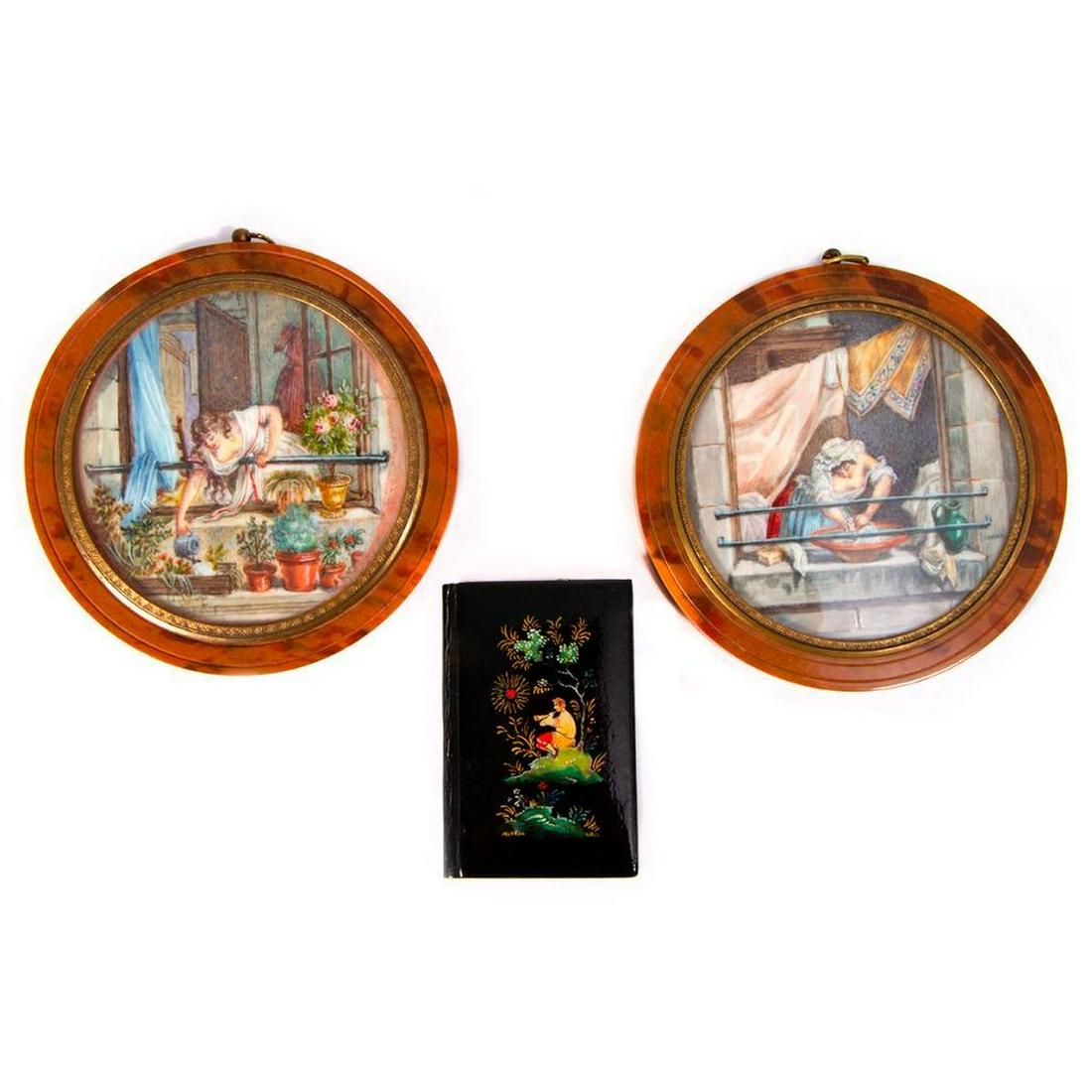 A pair of porcelain plaques and a Russian notebook. (1 of 9)