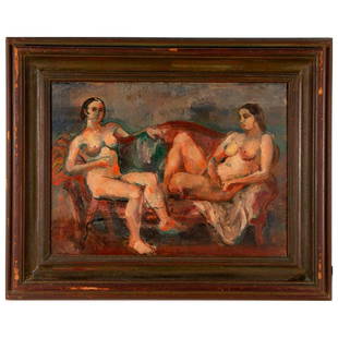 Bernard Karfiol (1886-1952): Artist: Bernard Karfiol (1886-1952). Title/Subject: "Two Nudes on Sofa" Medium: Oil on canvas. Size image: 11" x 15". Size frame: 16 1/2" x 20 1/2". Condition: Good