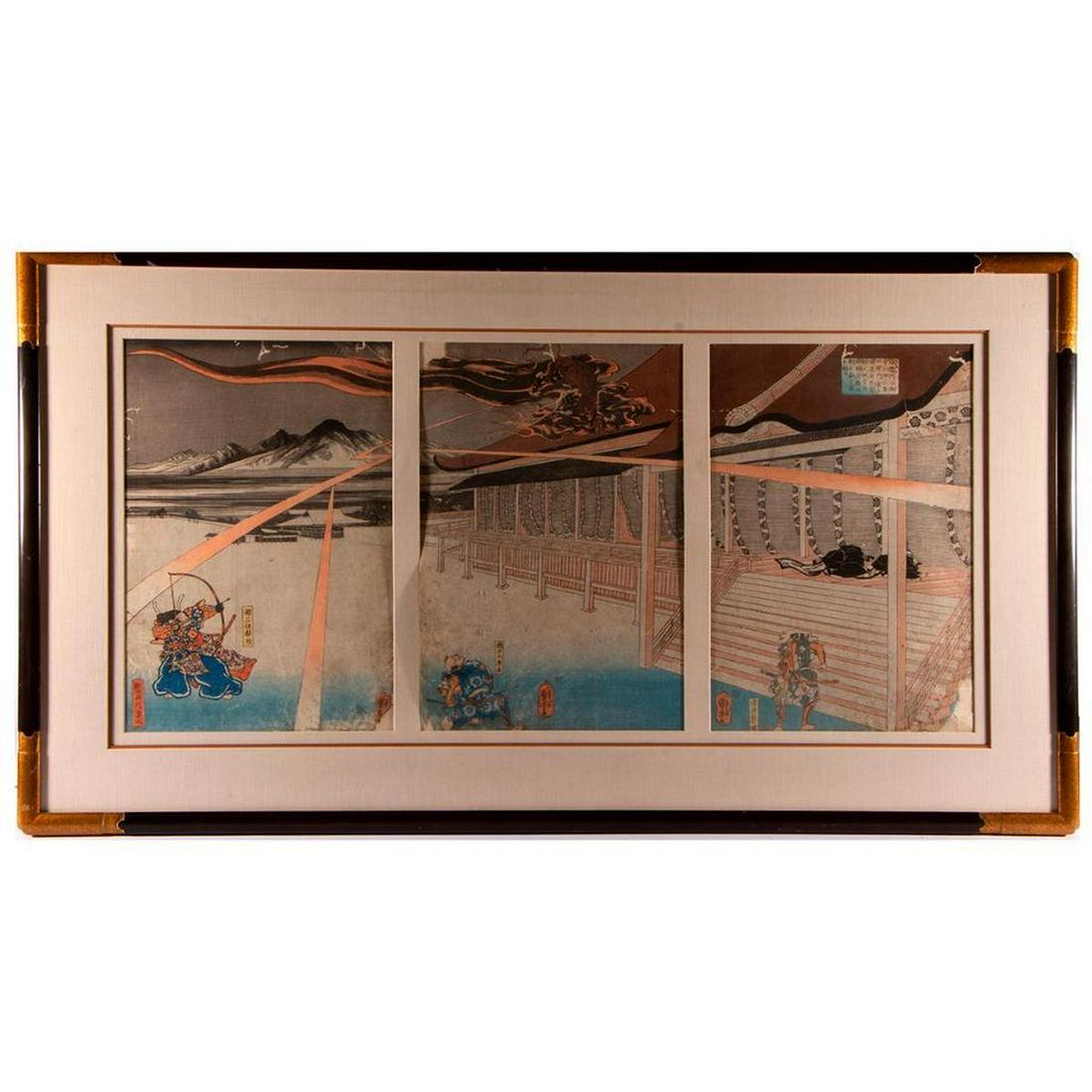 Kuniyoshi UTAGAWA (1797/98-1861): Artist: Kuniyoshi UTAGAWA (1797/98-1861). Medium: Print-Multiple, Woodcut in colors. Size image: 14" x 9 1/2" each. Size frame: 21" x 38". Condition: Fair to good, loss to bottom right panel.