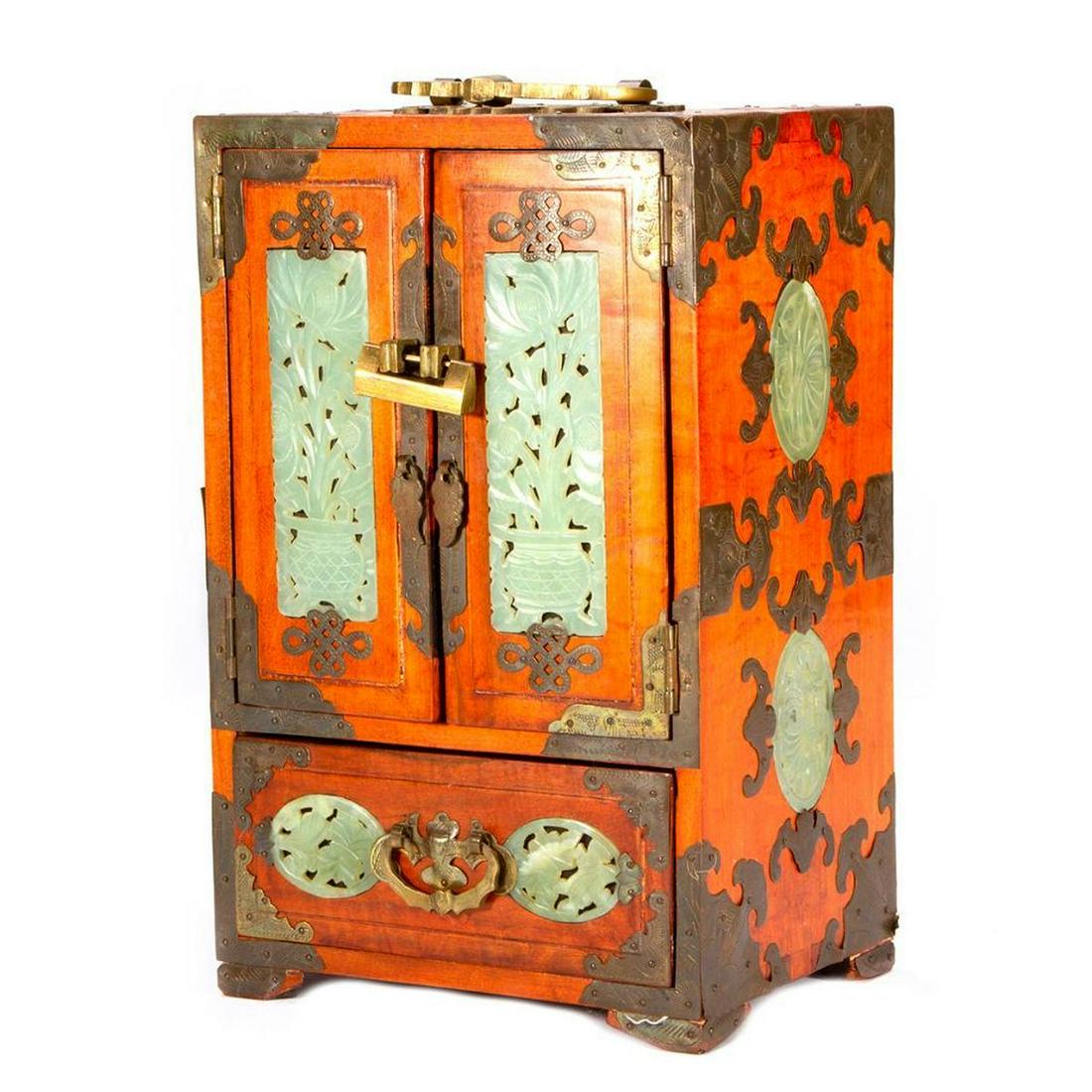 Chinese hardwood and jade jewelry box. (1 of 7)