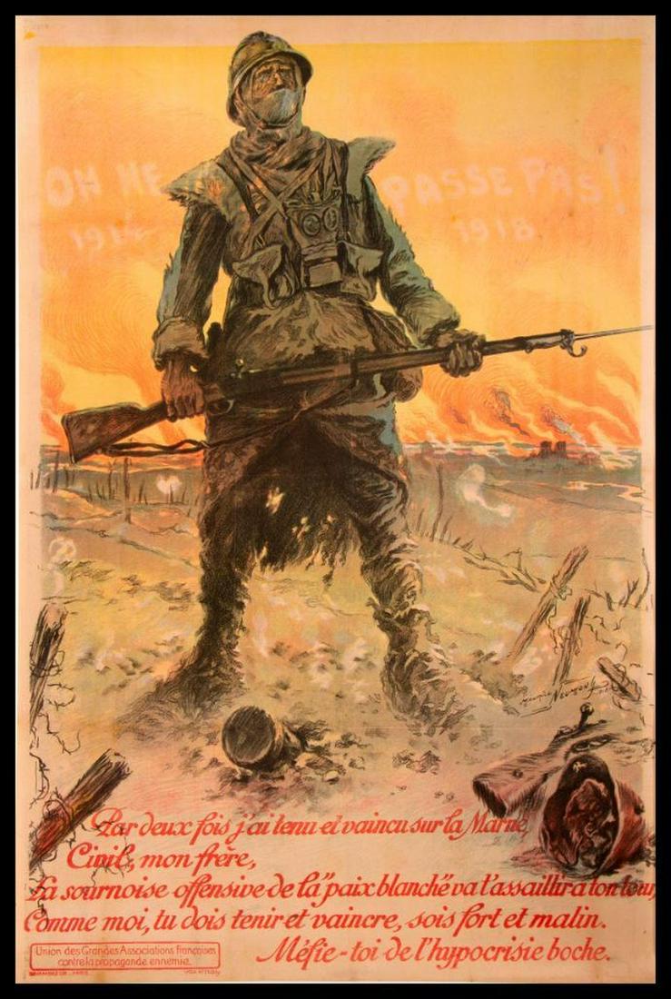 Maurice NEUMONT (1868-1930): Vintage World War I Poster. "They shall not pass, 1914-1918" 1918. Paper size: 44 3/4 x 31 inches Linen backed. Condition: as per photograph.