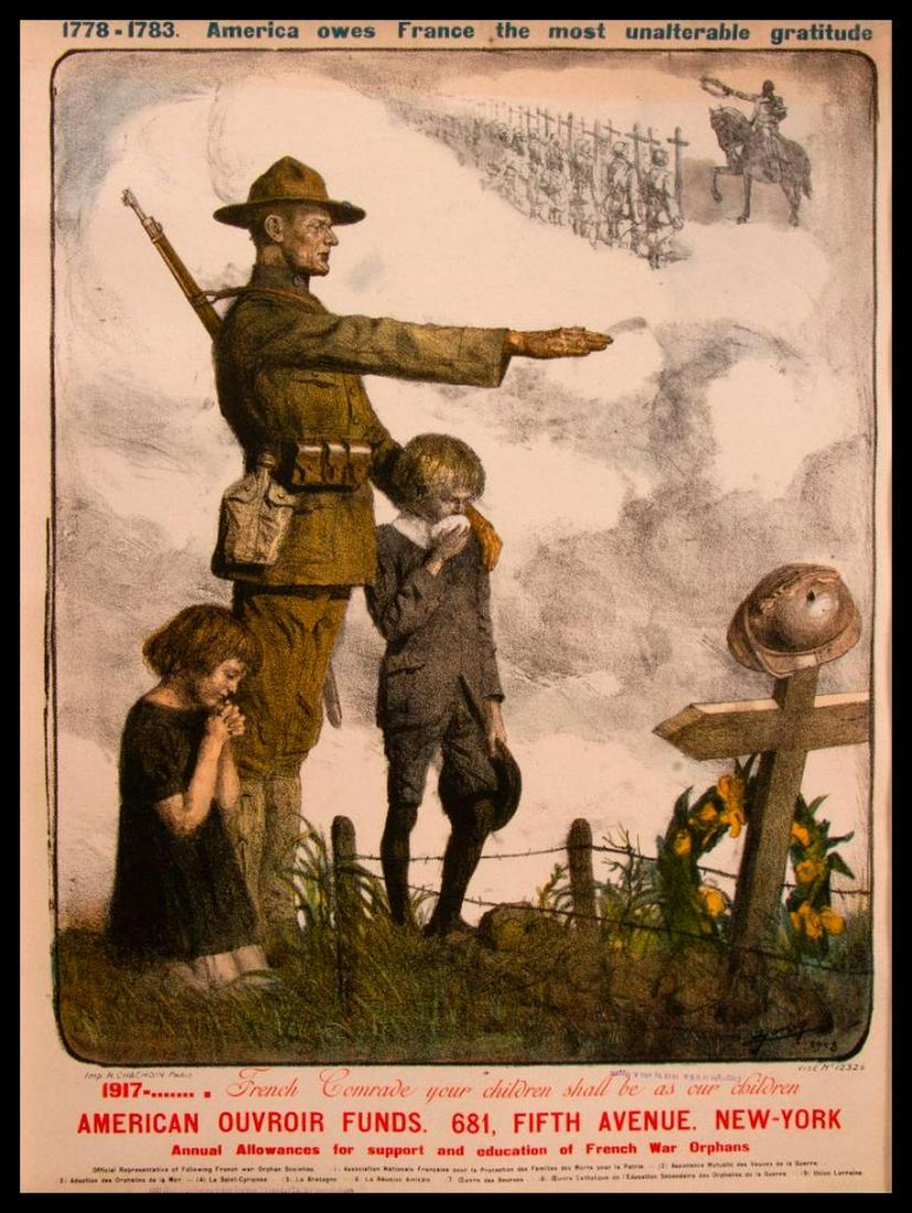 Lucien Hector JONAS (1880-1947): Vintage World War I Poster. 1778-1783--America Owes France, 1918 [French size]. Paper size: 33 3/8 x 25 3/4 inches. Linen backed. Condition: as per photograph.