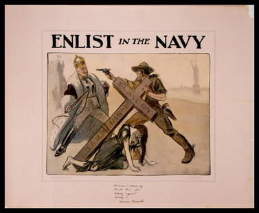 Louis RAEMAEKERS (1869-1956): Vintage World War I Poster. "Barbarism and Slavery"--Enlist in the Navy. Paper size: 37 x 31 inches. Linen backed. Condition: as per photograph.