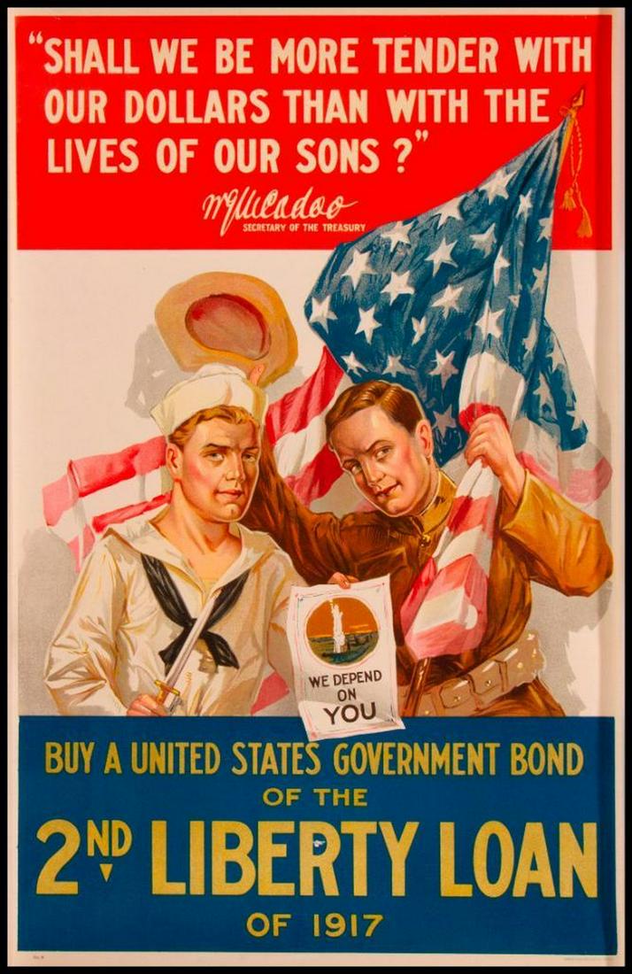World War I Poster: Vintage World War I Poster. "Marine & Sailor w/McAdoo Quote", c.1917. Size: 30 x 20 inches. Linen backed. Condition: as per photograph.