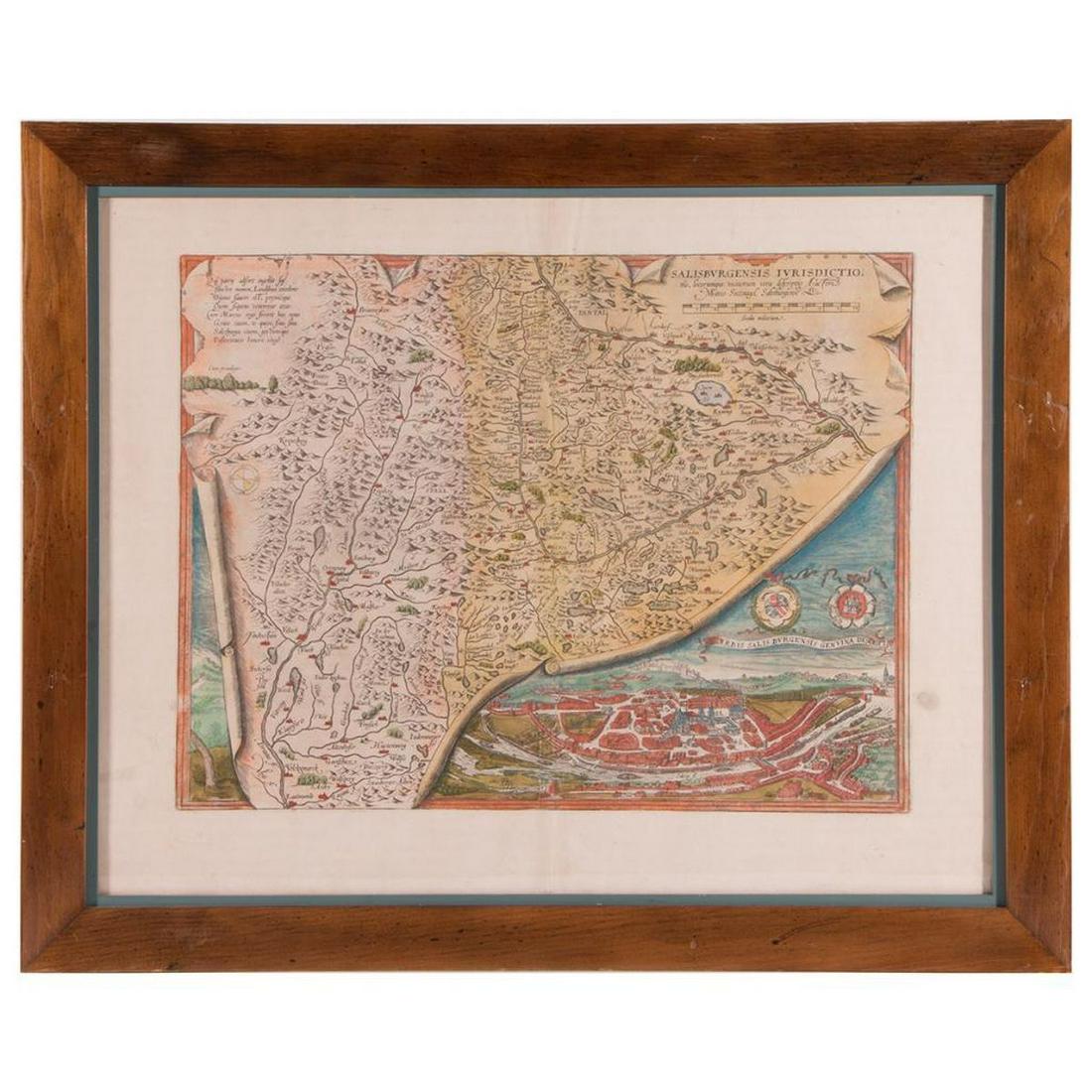 Abraham ORTELIUS (1527-1598) Map: Artist: Abraham ORTELIUS (1527-1598). Title: View of Salzburg. Size: 16 1/2 x 20 1/2 in. Frame: 20 x 24 in. Condition: lite staining and toning to paper.. Created: c.1571/84. Medium: Hand colored eng