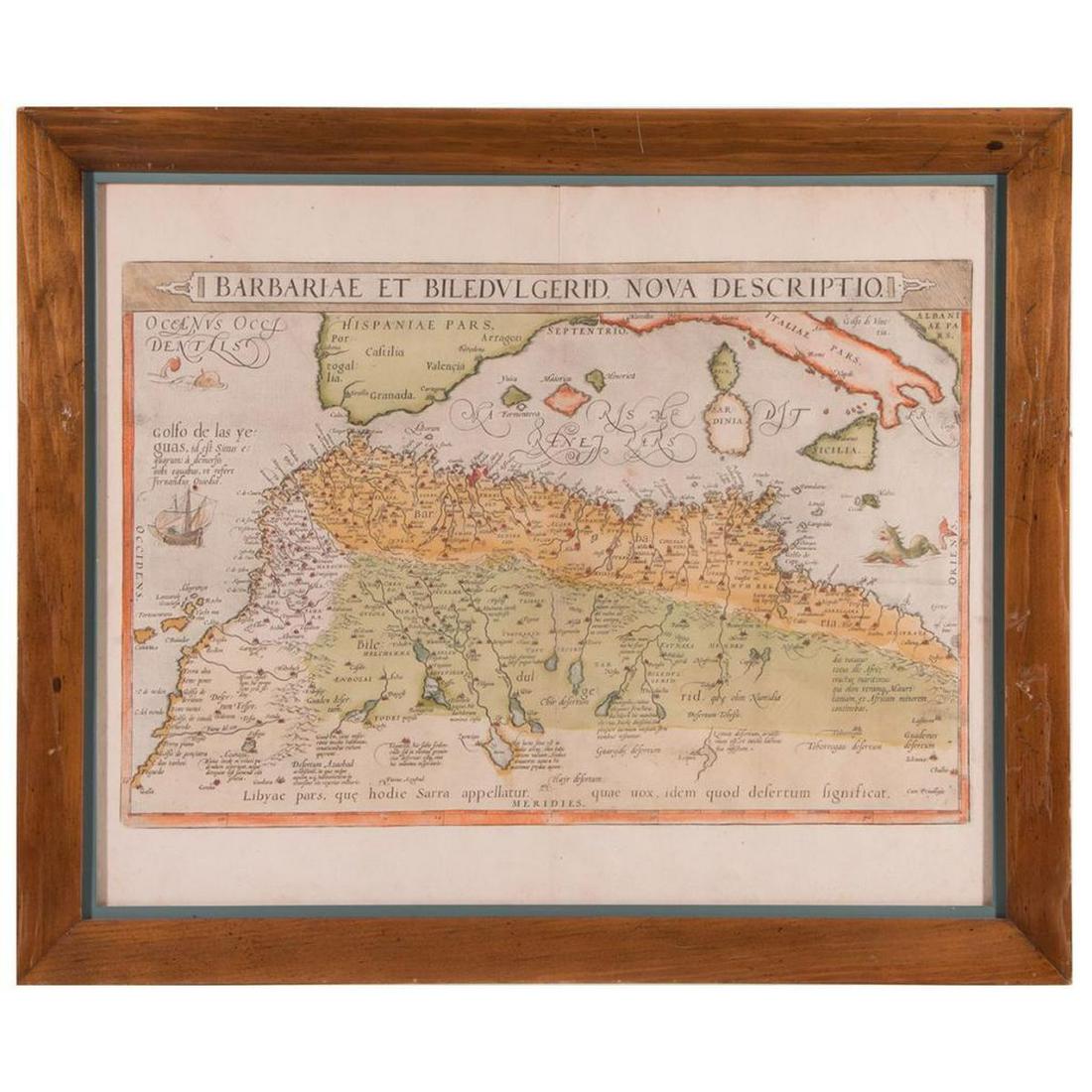 Abraham ORTELIUS (1527-1598) Map: Artist: Abraham ORTELIUS (1527-1598). Title: "BARBARIAE ET BILEDVLGERID, NOVA DESCRIPTIO". Size: 16 1/2 x 20 1/2 in. Frame: 20 x 24 in. Condition: lite staining and toning to paper.. Created: c.1579.