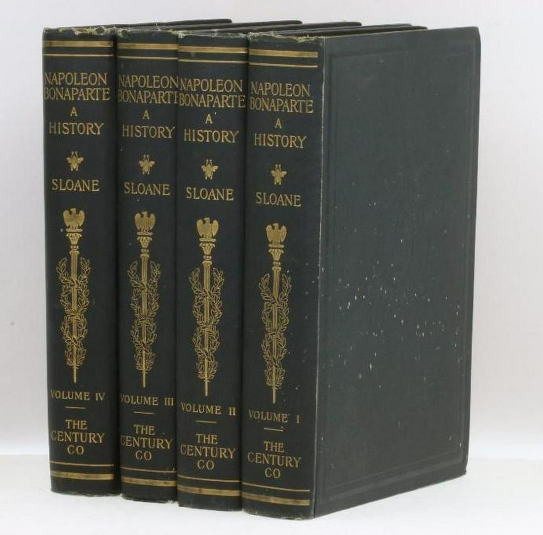 SLOANE. Life of Napoleon Bonaparte. 1896. 4 volumes.: Sloane, William Milligan. Life of Napoleon Bonaparte. NY: The Century Co., 1896. 4 large 4to volumes fully illustrated in color. Original embossed cloth. Covers somewhat soiled, small chips to head an