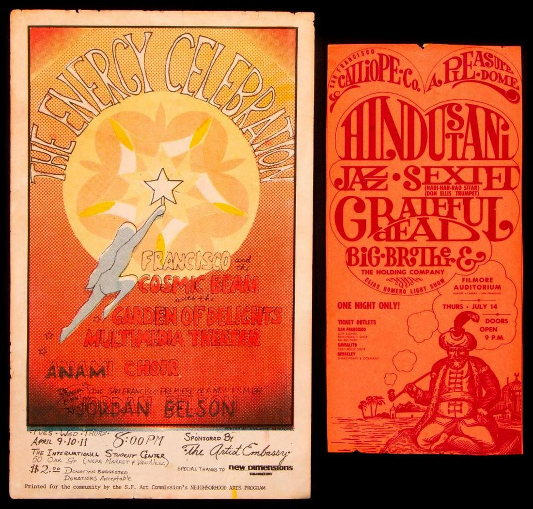 Grateful Dead and The Energy Celebration.: A 1966 Filmore Auditorium Grateful Dead and the Hindustani Jaz Sextet handbill. Size: 11 3/4" high x 5 1/2". Condition: Good, slight edge loss. A vintage San Francisco Art Commission handbill for The 