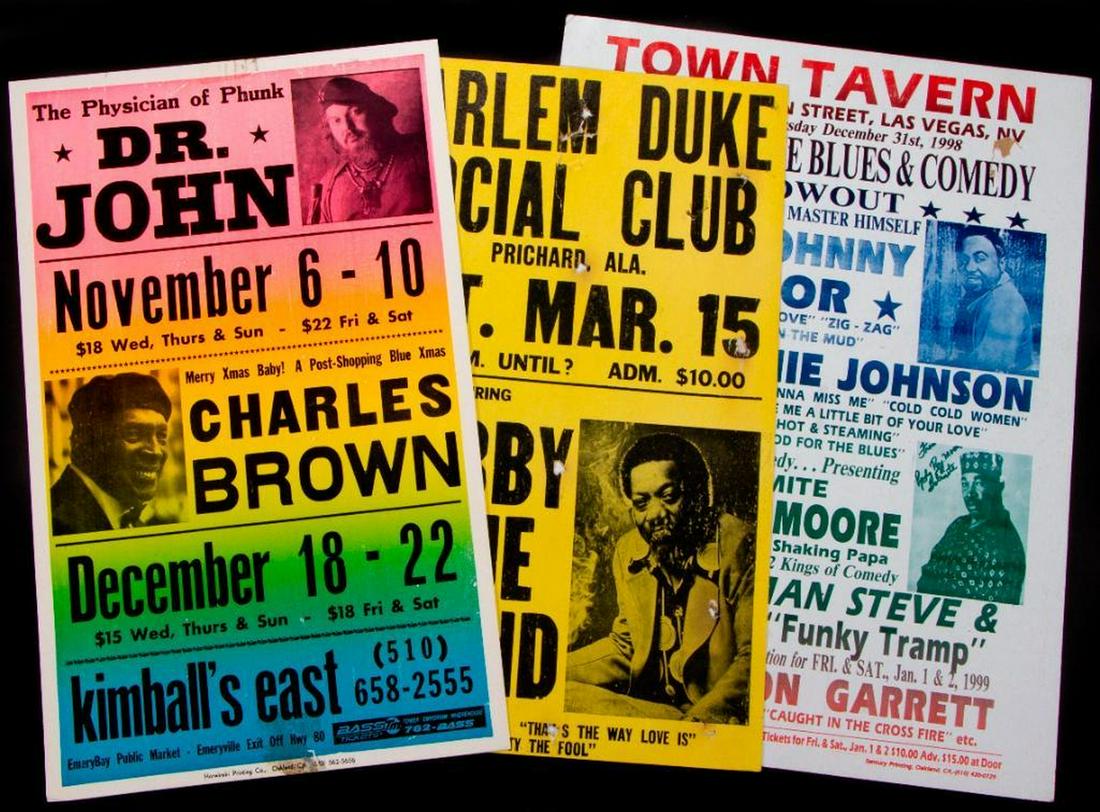 Three vintage Blues posters.: Three vintage Boxing Style Blues posters: Charles Brown and Dr. John, 1991. Size: 22" high x 14". Condition: Good, old tape piece to bottom. Bobby Blue Bland. Size: 21" high x 13 1/2". Condition: Fair