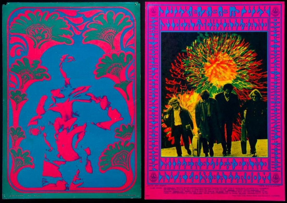 Neon Rose.: Two vintage Neon Rose posters by Victor Moscoso, the first of San Francisco's "Big Five" poster artists to be shown at New Your MOMA. Size: Each 20" high x 14". Condition: Good, some corner loss to on