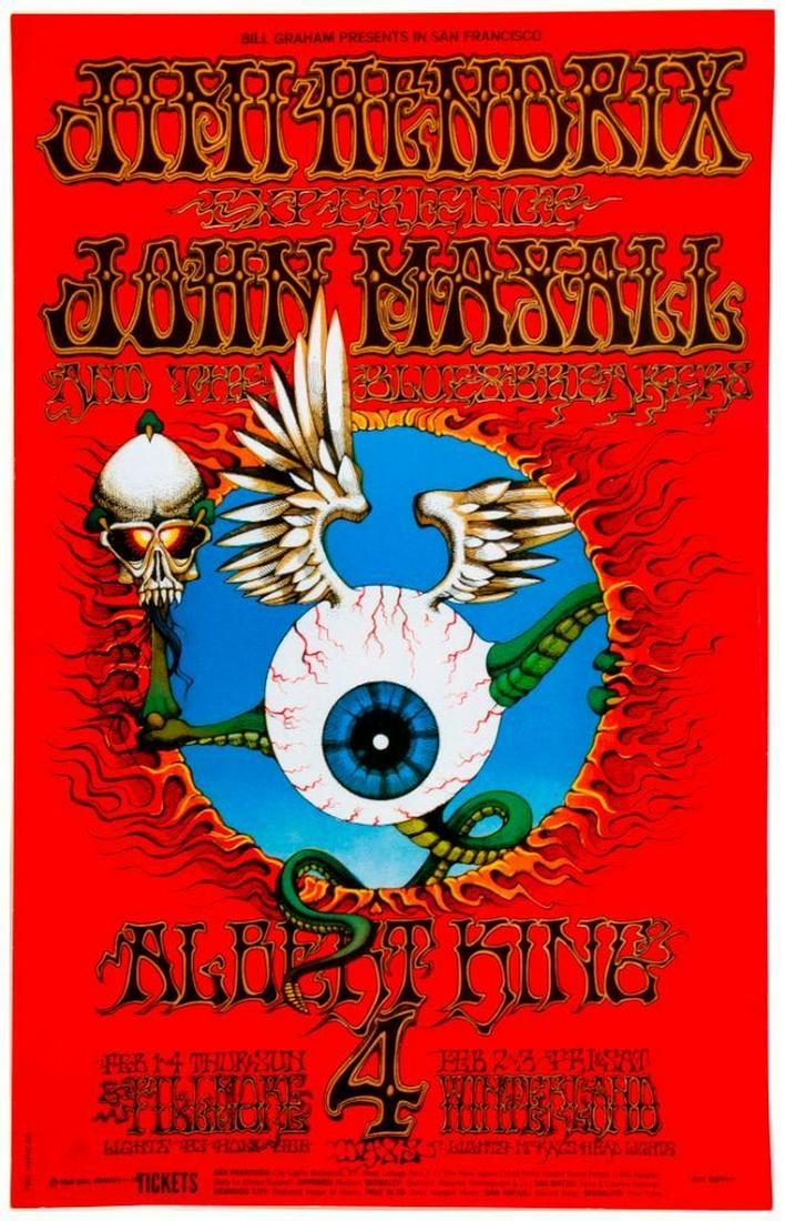 BG-105 Jimi Hendrix poster.: A BG-105 1968 Rick Giffin Flying Eyeball Jimi Hendrix poster, second printing. Size: 21 1/2" high x 14". Condition: Good, slight crease to middle right side.