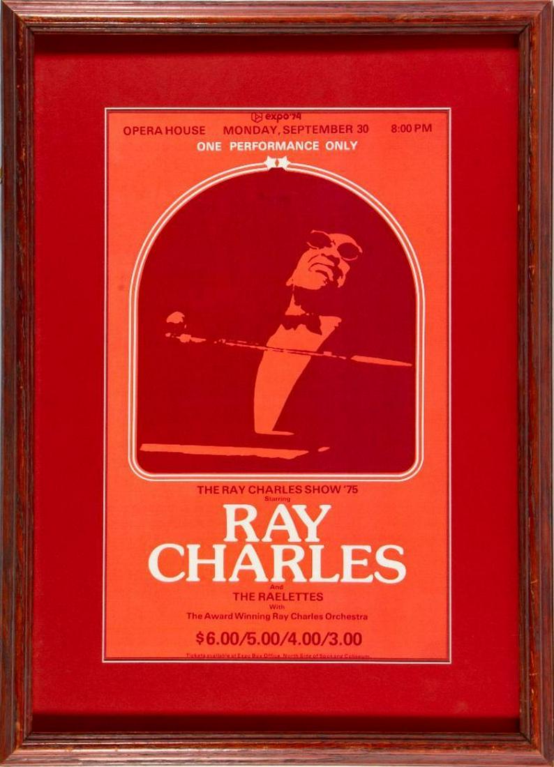 Ray Charles Show '75 Opera House Poster: Vintage Ray Charles Show '75 Opera House posters: Size: Largest 22 1/2 high x 16 1/2 in." (frame). Condition: Fair.