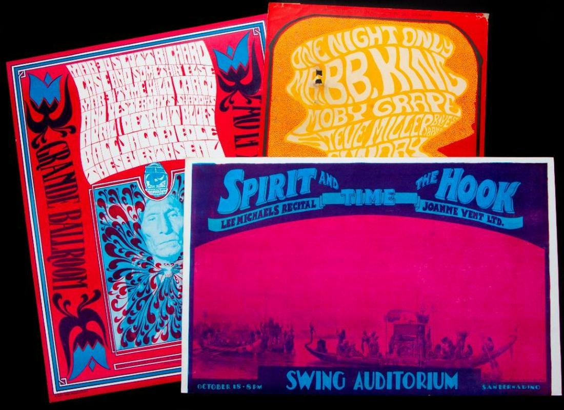 Three vintage posters.: Three vintage posters: Moby Grape, Spirit and the Hook, and A Tribal Rock Flow. Size: Largest: 21 1/2" high x 17". Condition: Good to fair.