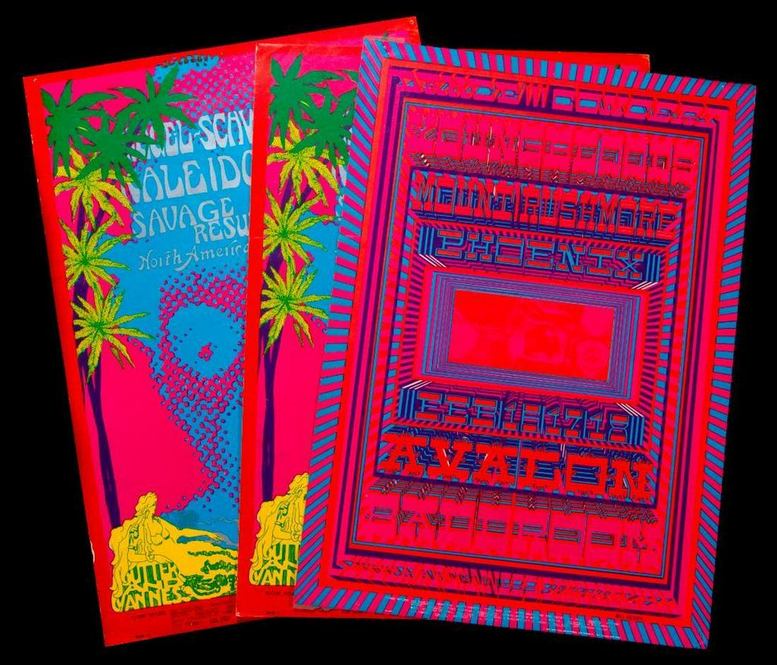 Three Avalon Ballroom posters.: A pair of Kaleidoscope posters and a Mount Rushmore Phoenix poster. Size: each 20" high x 14". Condition: Good.