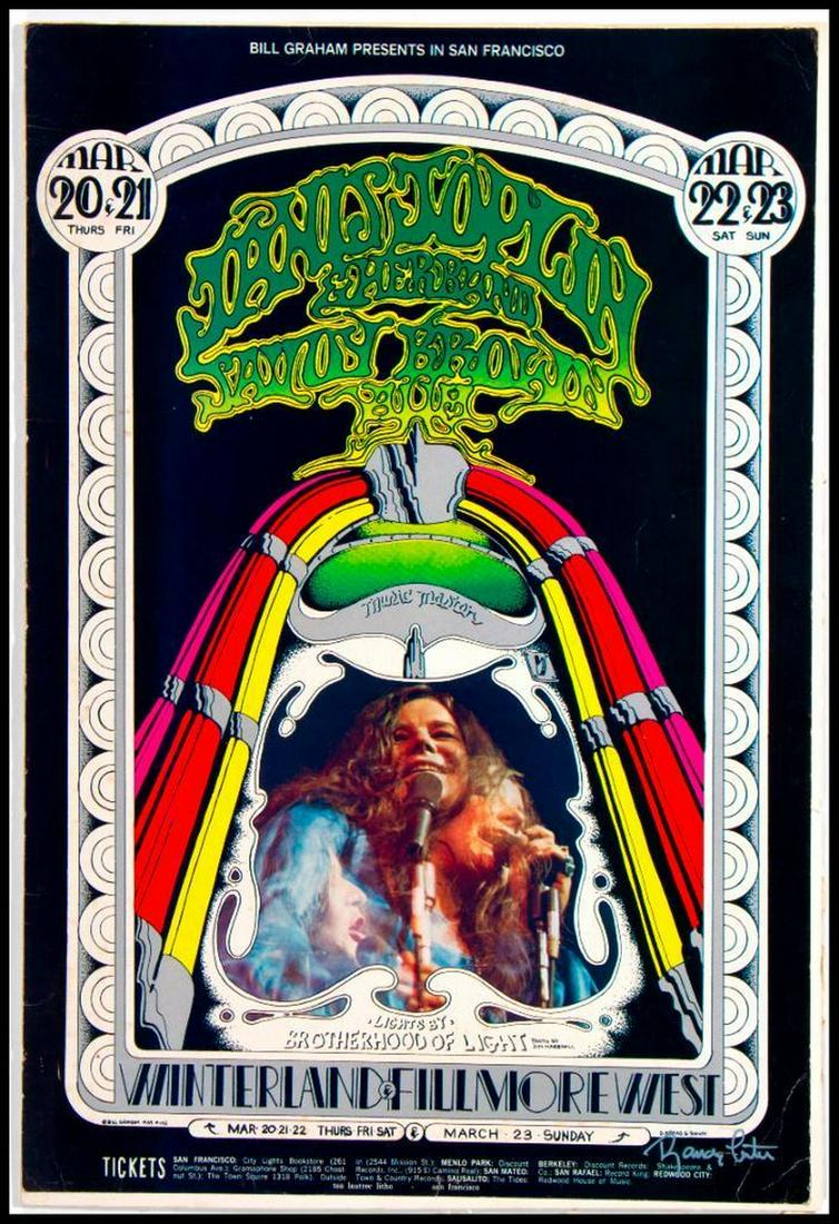 Janis Joplin poster signed by the artist.: A 1969 second printing Janis Joplin Winterland concert poster signed by the artist, Randy Tuten. Size: 21" high x 14 1/8". Condition: Good, attached to board.