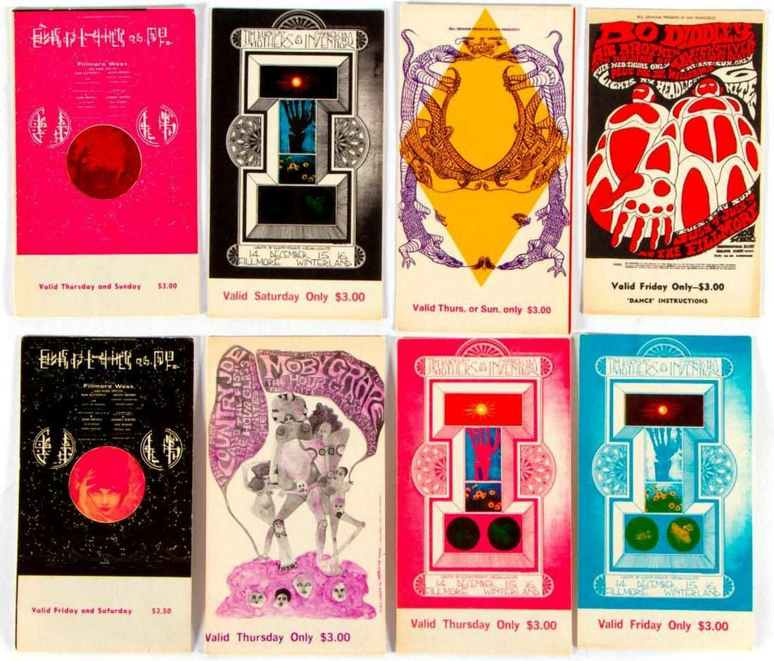 Unused tickets and backstage passes.: Eight unused tickets, backstage passes: Bo Diddley, Mothers of Invention, Moby Grape, etc. Condition: Good.